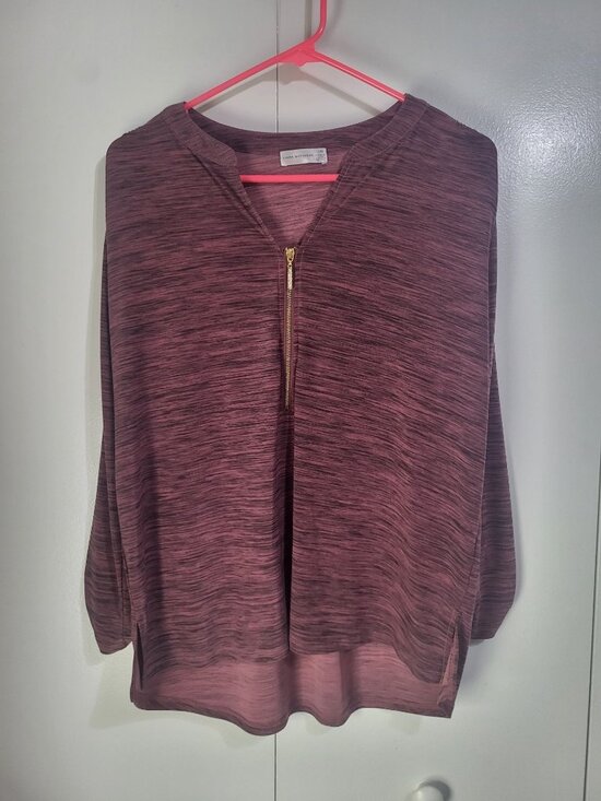 Linda Matthews Tops - Linda Matthews SZ LG Roll Tab Sleeve Blouse Top Space Dye Heathered Partial Zip